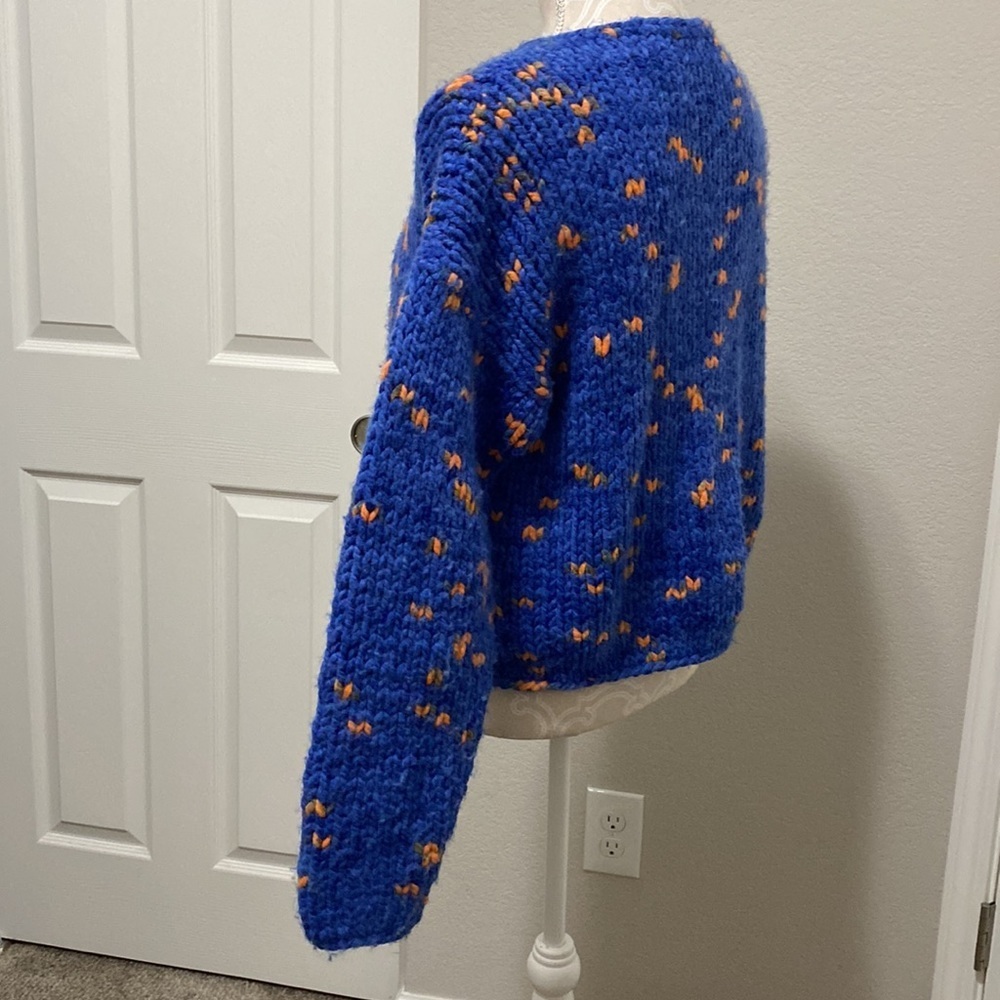 Hand crocheted knitted blue orange open wool thick cardigan Small Blue Orange - Picture 7 of 11